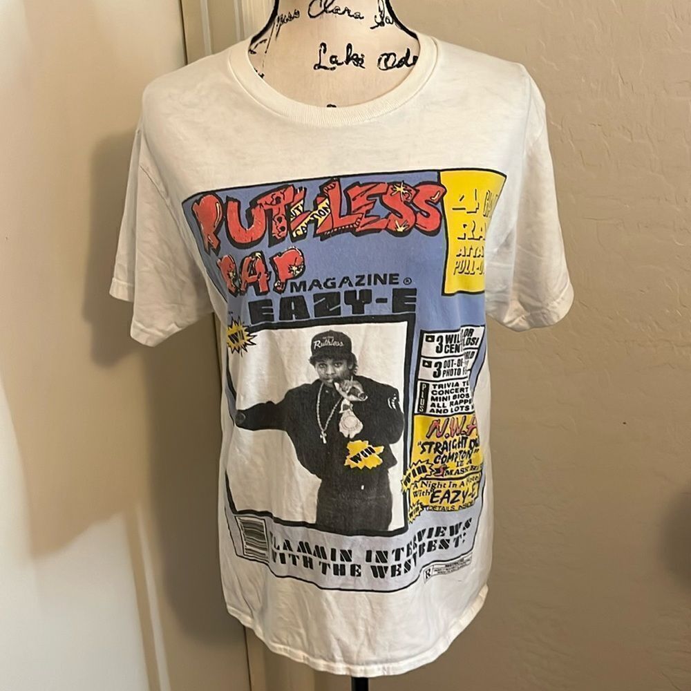 Eazy E Music Rap Ruthless Records White Distressed Graphic Shirt